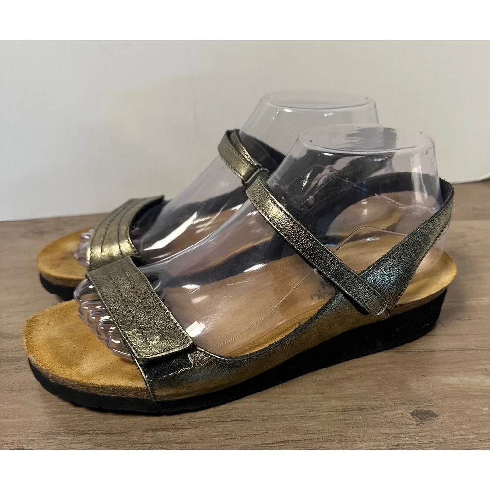 Naot Madison Sandals Metal Leather Hook Loop Straps Low Wedge‎ Size 39 US 8.5-9